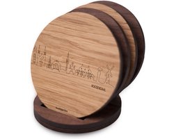 Skyline Onderzetters Roosendaal - Eiken en noten hout - 4 stuk(s) + houder - Ø 9 cm Rond - Cadeau - Woon decoratie - Woonkamer - WoodWideCities