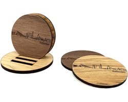 Skyline Onderzetters Rotterdam - Eiken en noten hout - 4 stuk(s) + houder - Ø 9 cm Rond - Cadeau - Woon decoratie - Woonkamer - WoodWideCities
