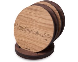 Skyline Onderzetters Sneek - Eiken en noten hout - 4 stuk(s) + houder - Ø 9 cm Rond - Cadeau - Woon decoratie - Woonkamer - WoodWideCities