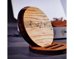 Skyline Onderzetters Vlissingen - Eiken en noten hout - 4 stuk(s) + houder - Ø 9 cm Rond - Cadeau - Woon decoratie - Woonkamer - WoodWideCities