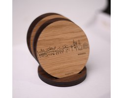 Skyline Onderzetters Woerden - Eiken en noten hout - 4 stuk(s) + houder - Ø 9 cm Rond - Cadeau - Woon decoratie - Woonkamer - WoodWideCities