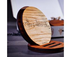 Skyline Onderzetters Zutphen - Eiken en noten hout - 4 stuk(s) + houder - Ø 9 cm Rond - Cadeau - Woon decoratie - Woonkamer - WoodWideCities