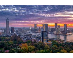 Skyline Rotterdam vanaf de Euromast met zonsopkomst – Canvas schilderij 70x50 cm – Hoogwaardige kwaliteit | Wanddecoratie voor woonkamer of kantoor