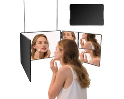 Skynzor Kapperspiegel - 360 Graden Spiegel - Reisspiegel - Makeup Putting Spiegel Stand - Cosmetica Spiegel Muur - 3 Delige Spiegel - Badkamerspiegel - Zelfkapselspiegel - 3-Weg Spiegel met Haken - Inklapbaar en Verstelbaar -Zwart