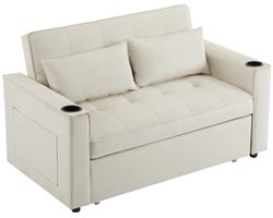 Slaapbank 137x76.5x83cm Multifunctionele Bank Beige Fluweel Opvouwbaar Met Slaapfunctie Met Drinkhouder En Kussens Geschikt Voor Woonkamer Slaapkamer En Home Cinema Appartement