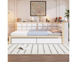 Slaapbank 140 x 200cm - multifunctionele zachte rugleuning - grote opberglade - eenpersoonsbed - houtkleur - zonder matras