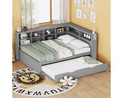 Slaapbank 140*200, uitschuifbaar bed 90*190 met USB-aansluiting en meerdere opbergvakken, massief houten bed, tweepersoonsbed, multifunctioneel bed van hout, grijs