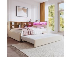 Slaapbank 140*200, uitschuifbed 90*190, uitgerust met ledverlichting, stopcontacten en veel opbergvakken, gestoffeerd bed, multifunctionele slaapbank, eenpersoonsbed, flanel, beige