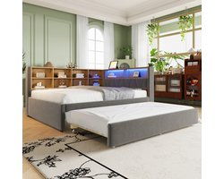 Slaapbank 140*200, uitschuifbed 90*190, uitgerust met ledverlichting, stopcontacten en veel opbergvakken, gestoffeerd bed, multifunctionele slaapbank, eenpersoonsbed, flanel, donkergrijs