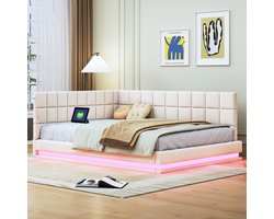 Slaapbank 140x200 - Beige fluwelen stof - 12-lattenbodem 250 kg - Multicolor LED - USB-poort - Snelle bed/bankombouw - Elegant en functioneel design