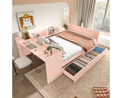 Slaapbank - 140x200 cm - met Bureau + 2 Laden - Zonder matras - Roze