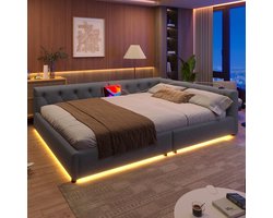 Slaapbank 140x200cm - Grijs Linnen & MDF - 7-Kleurige LED-Verlichting - USB+Type-C Oplaadpoorten - Lattenbodem - 200kg Laadvermogen - Multifunctioneel Design