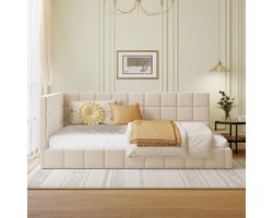 Slaapbank 140x200cm - multifunctioneel bed - verticale strepen - inclusief houten lattenbodem - beige - zonder matras