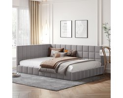 Slaapbank 140x200cm - multifunctioneel bed - verticale strepen - inclusief houten lattenbodem - grijs - zonder matras