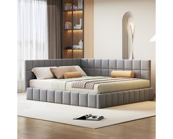 Slaapbank 160x200cm - multifunctioneel bed - verticale strepen - inclusief houten lattenbodem - grijs - zonder matras