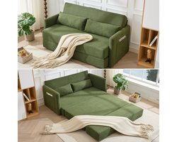 Slaapbank - 165 x 92 x 82 cm - 2-Zits Klapbank met Lendenkussens - Zijvakken - Corduroy - Groen