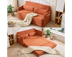 Slaapbank - 165 x 92 x 82 cm - 2-Zits Klapbank met Lendenkussens - Zijvakken - Corduroy - Oranje