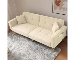 Slaapbank 2-in-1 met Slaapfunctie – Arqam Luxe Uitklapbare Loveseat Beige, Verstelbare Rugleuning, Compacte Sofa met Gouden Poten & Kussens
