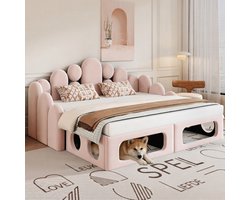 Slaapbank 2 Persoons 180x200 – Gestoffeerd Bed van Fluweel met Huisdierenbed, Lattenbodem en Rugleuning – Multifunctioneel – Roze