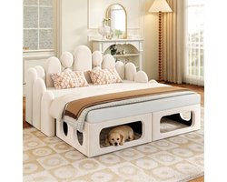Slaapbank 2 Persoons 180x200 – Gestoffeerd Bed van Fluweel – met Lattenbodem – Beige – Multifunctioneel – Trap – Bedbank