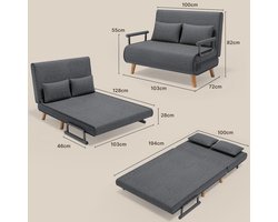 Slaapbank 2-Persoons met Slaapfunctie 194 x 100 cm – Verstelbare Rugleuning (6-standen), Opklapbare Slaapstoel & Fauteuil Bed, Ruimtebesparend Logeerbed voor Kleine Appartementen, Donkergrijs – HomebyNicole