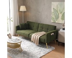 Slaapbank 2 Persoons - Slaapbanken - Sofa - Logeerbed - Verstelbare rugleuning - Gouden poten - met rugleuning - met armleuningen - zijvakken - Groen