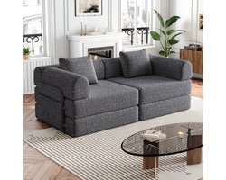 Slaapbank 2-Zits - Chenille Bank Met Opbergruimte In Armleuning - 2-in-1 Modulaire Sofa Met Metalen Frame En Uitklapbare Bedfunctie - Comfortabele Lounge Bank Voor Woonkamer - Grijs