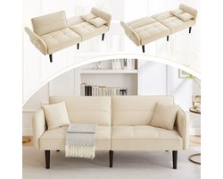 Slaapbank - 2-Zits - Klapbare Armleuningen - 2-in-1 voor Kleine Ruimtes - Fluweel - Beige
