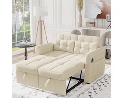 Slaapbank 2-zits met USB-poort – 3-in-1 uitschuifbare hoekbank met verstelbare rugleuning, linnen bekleding, armleuningen met opbergvakken en kussens – compacte multifunctionele bedbank voor woonkamer of appartement – beige – Novihome