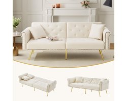 Slaapbank - 2-Zits - Rugleuning met 3 Standen - Met Gouden Poten - Fluweel - Beige