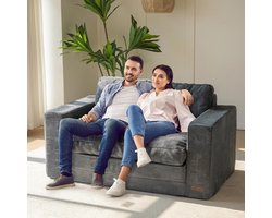 Slaapbank 2-zits UrbanEase LuxeFold – Industrialhome – Moderne Corduroy Bankbed met 2 Kussens, Uitschuifbare Loveseat & Opklapbaar Logeerbed – Donkergrijs 140x81x75 cm – Comfortabel 2-in-1 Sofa Bed met Dicht Schuim & Ruimtebesparend Design