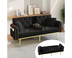 Slaapbank 2 Zits - Velvet Sofa Bed Met Verstelbare Rugleuning - 3 Standen Relaxbank Met Bekerhouder - Moderne Uitklapbare Bank Voor Woonkamer En Gastenkamer - Zwart