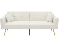 Slaapbank 2-Zits - Witte Teddy Sofa Met Verstelbare Rugleuning - Convertible Bank Bed Met Gouden Poten En Zijvakken - Comfortabele Lounge Bank Met Zachte Schuimvulling - Moderne Sofa Voor Woonkamer