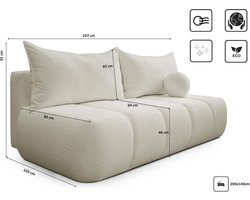 Slaapbank 3-zits Arqam PIANO – Uitklapbare Slaapbank met Slaapfunctie & Opbergruimte – Luxe Bouclé Ecru Bank Bed met Bedlade – Comfortabele Scandinavische Design Sofa Bed voor Woonkamer & Logeerkamer – 207 x 103 x 92 cm