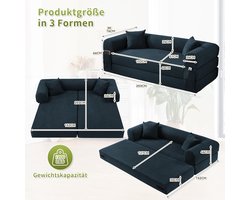Slaapbank 3-zits met slaapfunctie 203 cm – Boneless Vloerbank & Inklapbare Slaapbank – Modulaire Bank Bed & Slaapstoel – Inclusief 2 Kussens – Marineblauw – Pauwhome