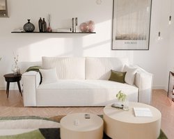 Slaapbank 3-zitsbank Ribfluweel Beige 255x105 cm – Uitklapbare Slaapbank met Opbergruimte & Comfortabele 3-persoonsbank – Modern Woonkamermeubel – Ganeey