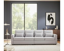 Slaapbank 4-Zits – Luxe Linnen Sofa Bed met Armleuningvakken & 4 Kussens – Ergonomische Hoge Rugleuning, Comfortabele Sponsvulling, Moderne Vierzitsbank voor Woonkamer, Appartement & Kantoor – 83D x 264B x 87H cm – Grijs – Medahomestore