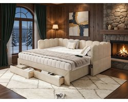 Slaapbank 90 × 200 cm met Uitschuifbaar Bed 180 × 200 cm – Kinderbed met 2 Opberglades, USB & Type-C Poort, Lattenbodem en Chenille Stoffering – Beige – Luna Smart Daybed – Depauw