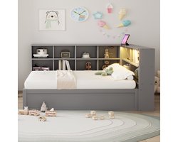 Slaapbank 90 x 200 cm met stopcontact en opbergvak met LED-verlichting - met opbergruimte - eenpersoonsbed - grijs - zonder matras