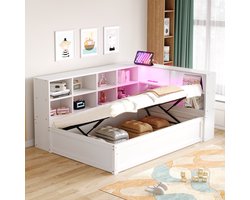 Slaapbank 90 x 200 cm met stopcontact en opbergvak met LED-verlichting met opbergruimte - eenpersoonsbed - wit - zonder matras