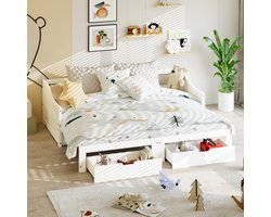 Slaapbank 90/180 x 200 cm van massief hout, met lattenbodem, 2 lades en gebogen armleuningen, uitschuifbed voor kinderen, zonder matras, wit