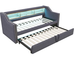 Slaapbank 90/180x190cm - met uitschuifbaar bed - opbergruimte - LED-verlichting en USB-aansluiting - donkergrijs - zonder matras