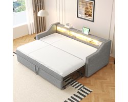 Slaapbank 90/180x190cm - met uitschuifbaar bed - opbergruimte - LED-verlichting en USB-aansluiting - lichtgrijs - zonder matras