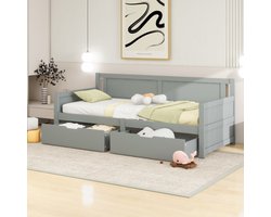 Slaapbank 90*200, eenpersoonsbed met twee opbergvakken, massief houten frame, massief houten bed, jeugdbed, kinderbed, grijs
