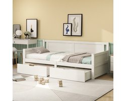 Slaapbank 90*200, eenpersoonsbed met twee opbergvakken, massief houten frame, massief houten bed, jeugdbed, kinderbed, wit