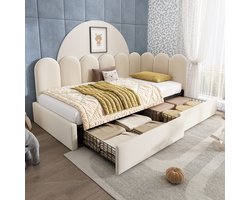 Slaapbank 90x200 cm - eenpersoonsbed met bedbodem - kinderbed met ladeopslag - beige - zonder matras