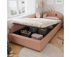 Slaapbank 90x200 cm - kinderbed - met konijnenrugleuning - met opbergruimte - zachte leuningen - linkerpaneel - roze - zonder matras