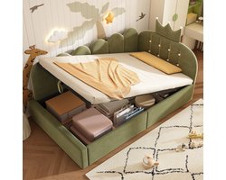 Slaapbank 90x200 cm - met opbergruimte - L-vormig kinderbed - kroontjesruit ontwerp - zonder matras - groen