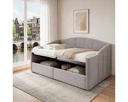 Slaapbank 90x200 cm - Multifunctioneel bedbank met hydraulische opbergruimte, lattenbodem, armleuningen en klassieke streepdesign in lichtgrijs stof