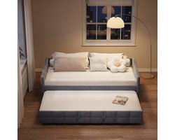 Slaapbank 90x200 Grijs Velours – Uitschuifbaar Bed met Opbergruimte – 2-in-1 voor Studio, Kantoor & Logeerkamer